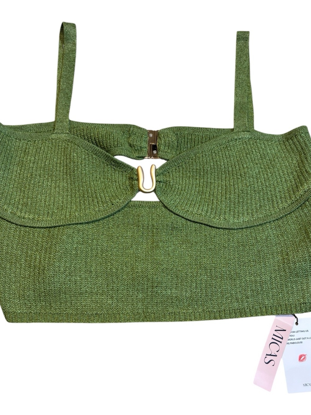 MICAS Plus Size Green Ribbed Knit Metallic U-Ring Crop Tank Top NWT 1X